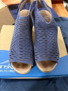 Dansko Navy Blue Laser-Cut Peep-Toe Slingback Heels